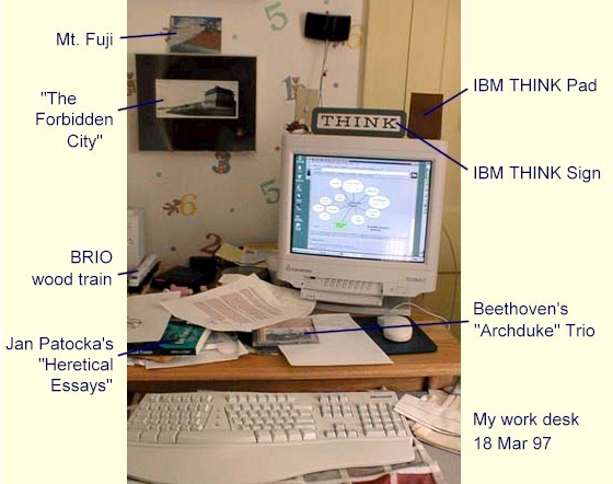 [ Picture of my computer work area, March 1997 (Image size: 60,084 bytes) ]