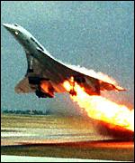 [ Concorde taking off, on fire... ]
