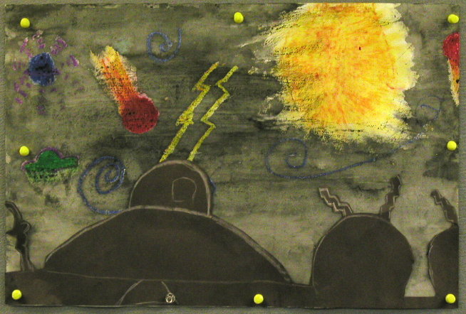 [ 12 year old girl's apocalyptic collage drawing (Image size: 86,281 bytes) ]