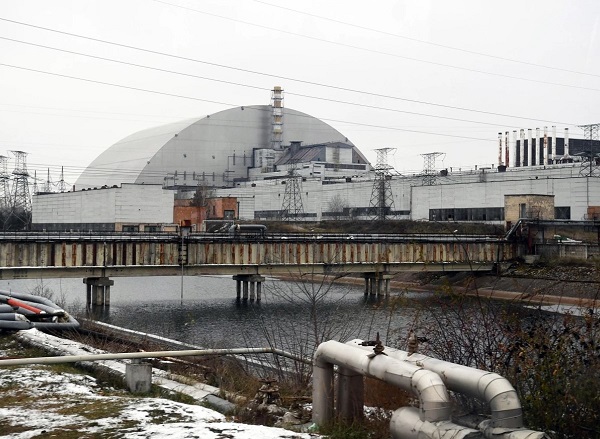 The sarcophogas covering Reactor 4 at Chernobyl, Ukraine, which exploded in 1986 as the worst nuclear disaster up until its occurrence.