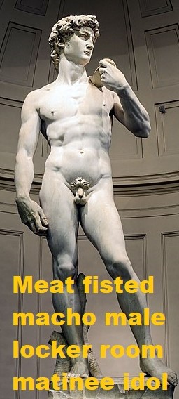 Michelangelo's famous nude statue of David. Put him on the varsity lacrossse team! What a hunk! (Why isn't he circumcised?)