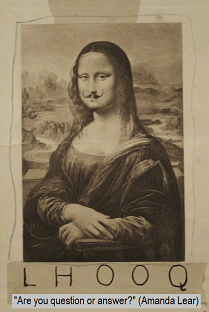 Mona Lisa postcard, modified by Marcel Duchamp (1919). and by me (BMcC) (2021). What does this lady know? What has she done to be so happy?
