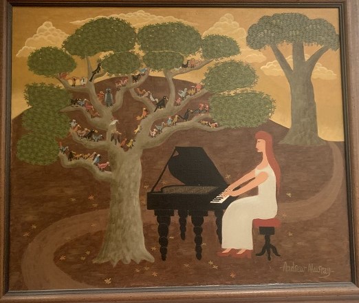 Woman playing music to the birds.