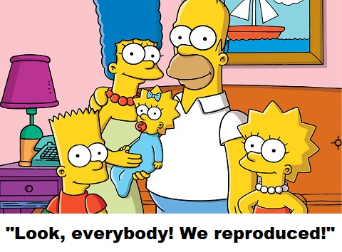 Homer and Marge Simpson reproducing species life and contributing to the population explosion.