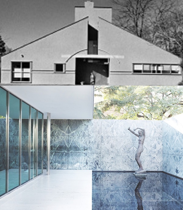 Robert Venturi's Vanna House for his mommy, top. Contrast with Mies van der Rohe's Barcelona Pavilion, bottom. ~ "Vannaty of vannaties, saith the Preacher, vannaty of vannaties; all is vannaty." (Ecclesiastes 1:2) / "God is in the details." (Mies van der Roihe)