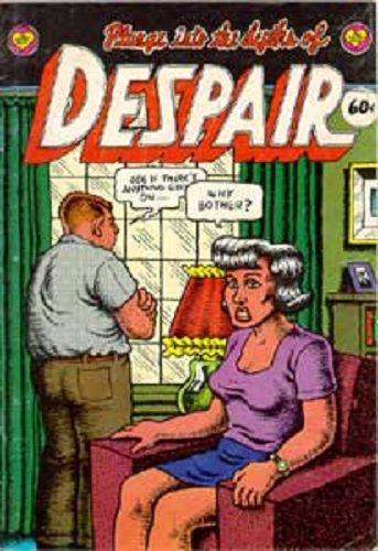 R. Crumb cartoon capruring the [lack of...] spirit of the American working class television viewer consumers of consumer products.