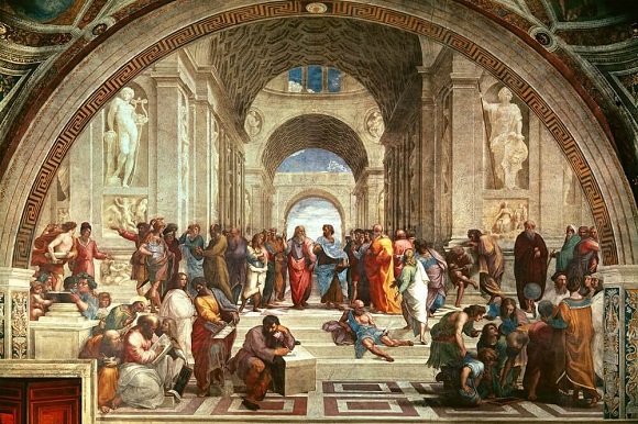 Ancient Greek philosophers conversing in the School of Athens.